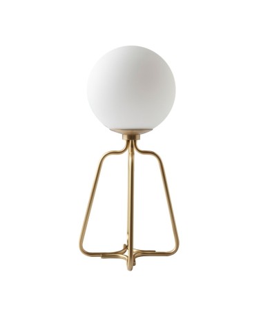 Lámpara de mesa de acero dorado y vidrio blanco