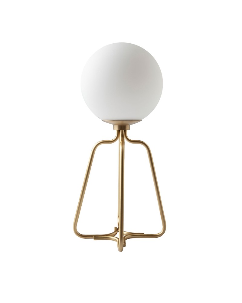 Lámpara de mesa de acero dorado y vidrio blanco