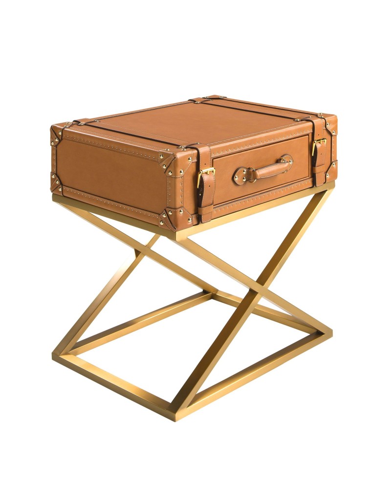 Mesa auxiliar rectangular de cuero y acero dorado