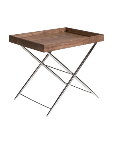 Mesa auxiliar rectangular de nogal y acero cromado