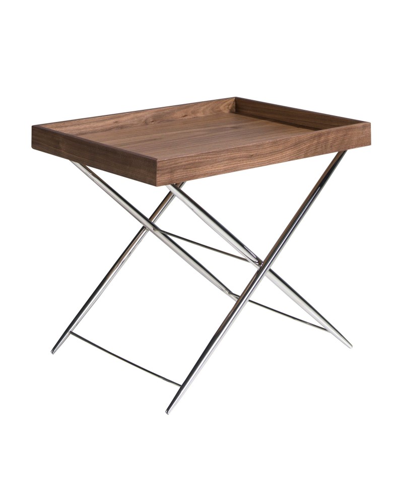 Mesa auxiliar rectangular de nogal y acero cromado