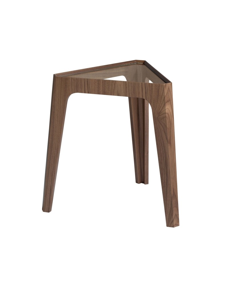 Mesa auxiliar triangular de vidrio templado y nogal