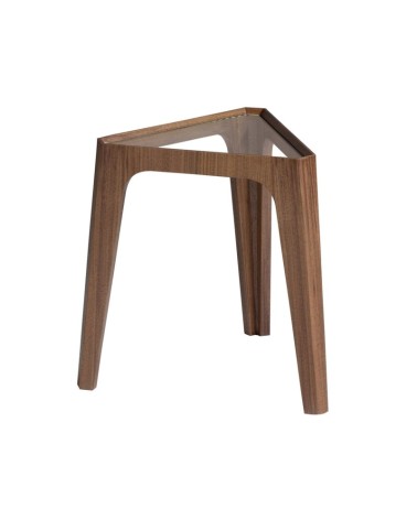 Mesa auxiliar triangular de vidrio templado y nogal