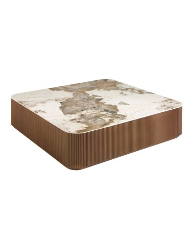 Mesa de centro cuadrada de porcelana mármol y nogal