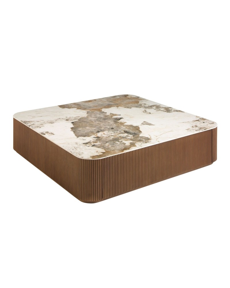 Mesa de centro cuadrada de porcelana mármol y nogal