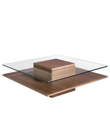 Mesa de centro cuadrada de vidrio templado y nogal