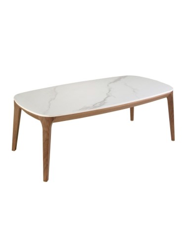 Mesa de centro ovalada de porcelana mármol y nogal