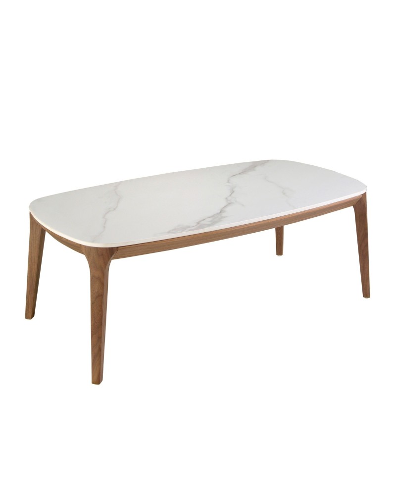 Mesa de centro ovalada de porcelana mármol y nogal