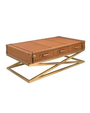 Mesa de centro rectangular de cuero y acero dorado