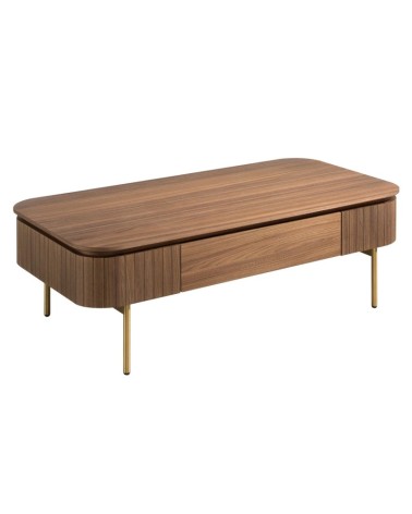 Mesa de centro rectangular de nogal y acero pulido dorado