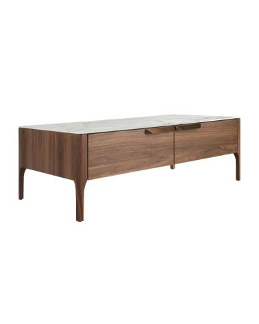 Mesa de centro rectangular de vidrio con imitación de mármol y nogal