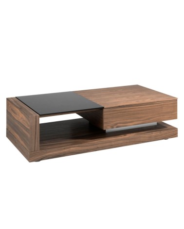 Mesa de centro rectangular de vidrio negro y nogal