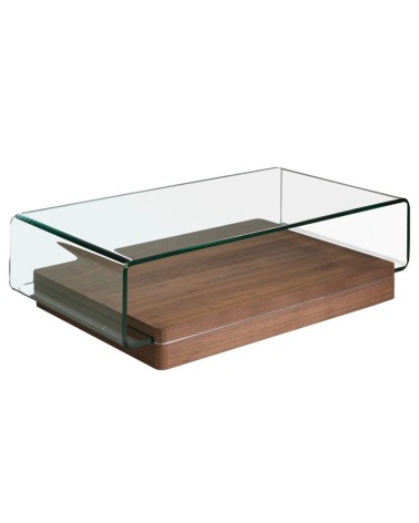 Mesa de centro rectangular de vidrio templado y nogal