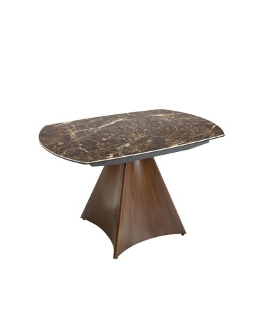 Mesa de comedor extensible ovalada de porcelana mármol y acero efecto nogal