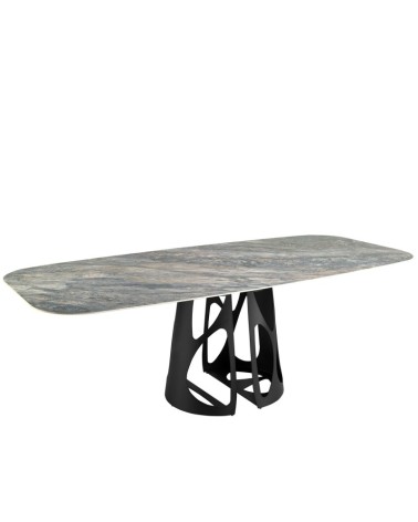Mesa de comedor extensible ovalada de porcelana mármol y acero negro