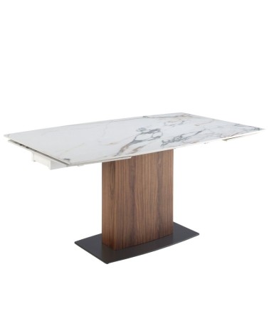Mesa de comedor extensible ovalada de porcelana mármol y nogal