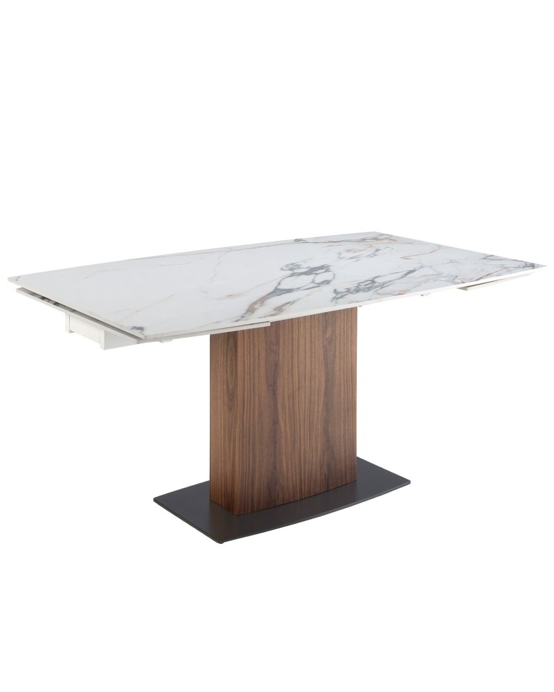 Mesa de comedor extensible ovalada de porcelana mármol y nogal