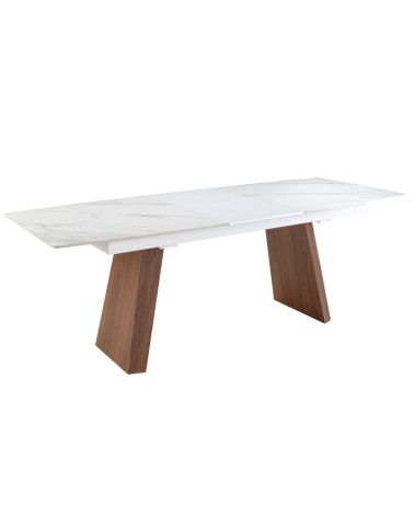 Mesa de comedor extensible ovalada de porcelana mármol y nogal