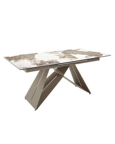 Mesa de comedor extensible rectangular de porcelana mármol y acero champán