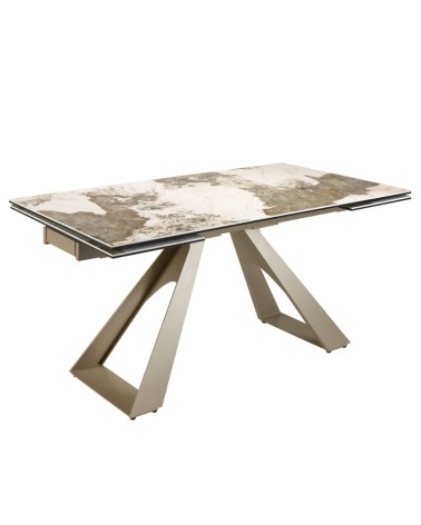 Mesa de comedor extensible rectangular de porcelana mármol y acero champán