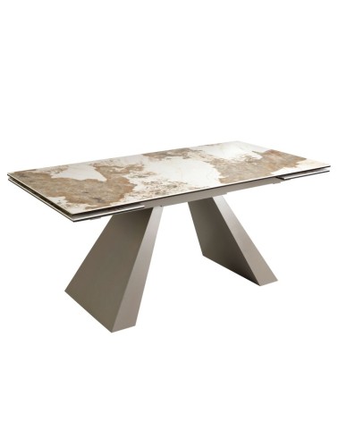 Mesa de comedor extensible rectangular de porcelana mármol y acero champán