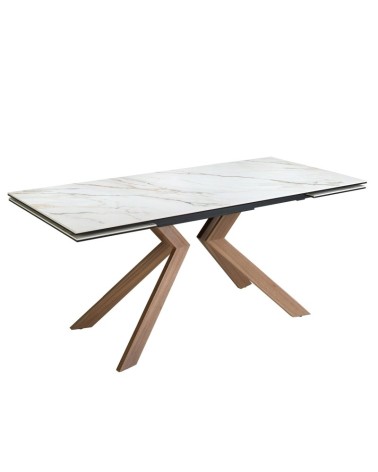 Mesa de comedor extensible rectangular de porcelana mármol y acero efecto nogal