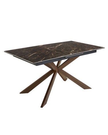 Mesa de comedor extensible rectangular de porcelana mármol y acero efecto nogal