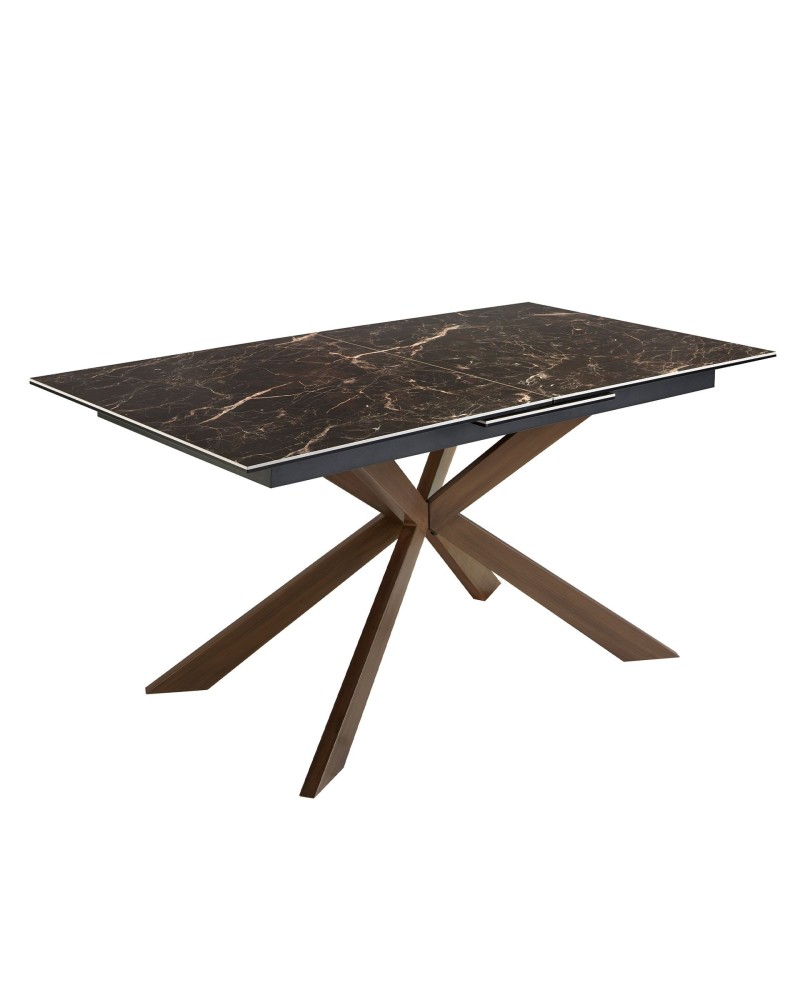 Mesa de comedor extensible rectangular de porcelana mármol y acero efecto nogal