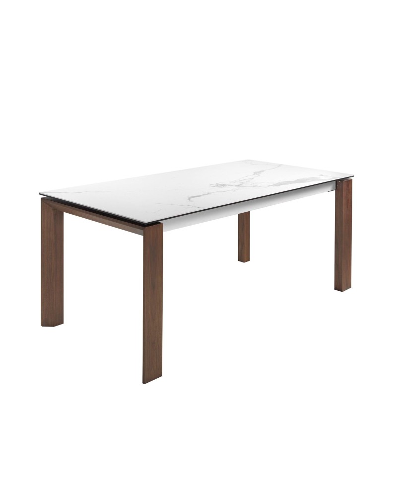 Mesa de comedor extensible rectangular de porcelana mármol y nogal