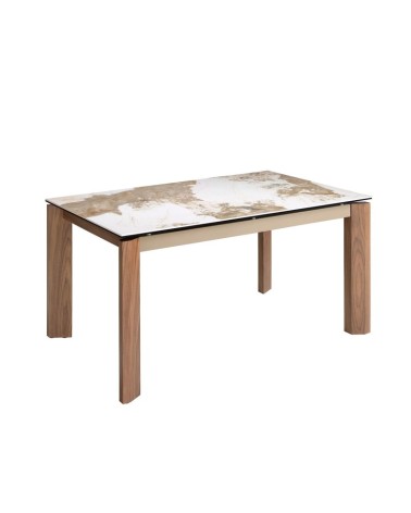 Mesa de comedor extensible rectangular de porcelana mármol y nogal