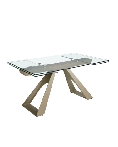 Mesa de comedor extensible rectangular de vidrio templado y acero color champán