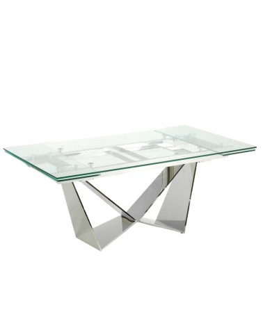 Mesa de comedor extensible rectangular de vidrio templado y acero cromado