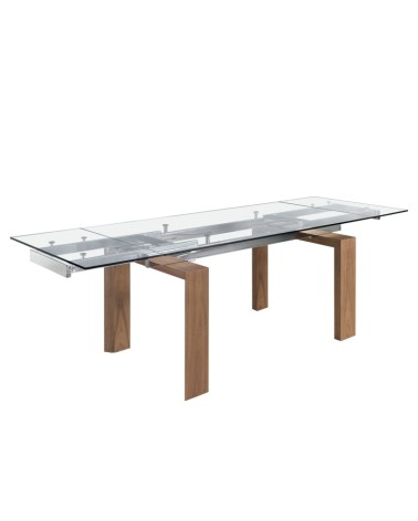 Mesa de comedor extensible rectangular de vidrio templado y nogal