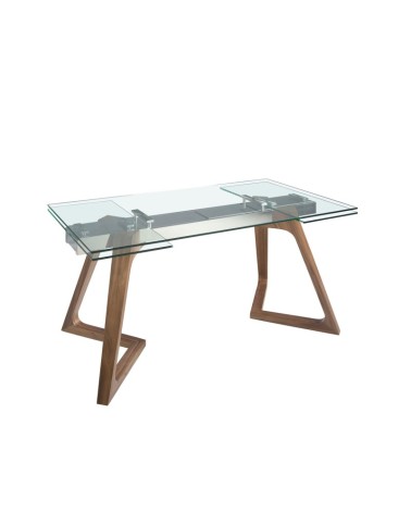 Mesa de comedor extensible rectangular de vidrio templado y nogal