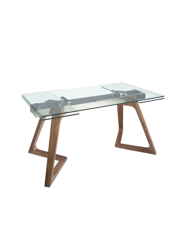 Mesa de comedor extensible rectangular de vidrio templado y nogal