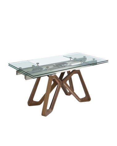 Mesa de comedor extensible rectangular de vidrio templado y nogal