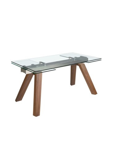 Mesa de comedor extensible rectangular de vidrio templado y nogal