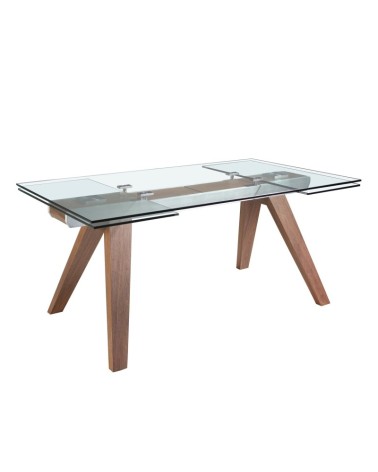 Mesa de comedor extensible rectangular de vidrio templado y nogal