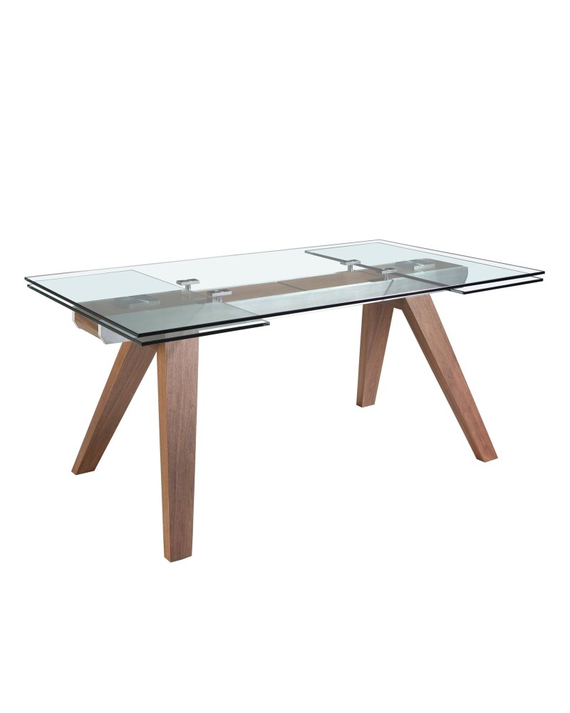 Mesa de comedor extensible rectangular de vidrio templado y nogal