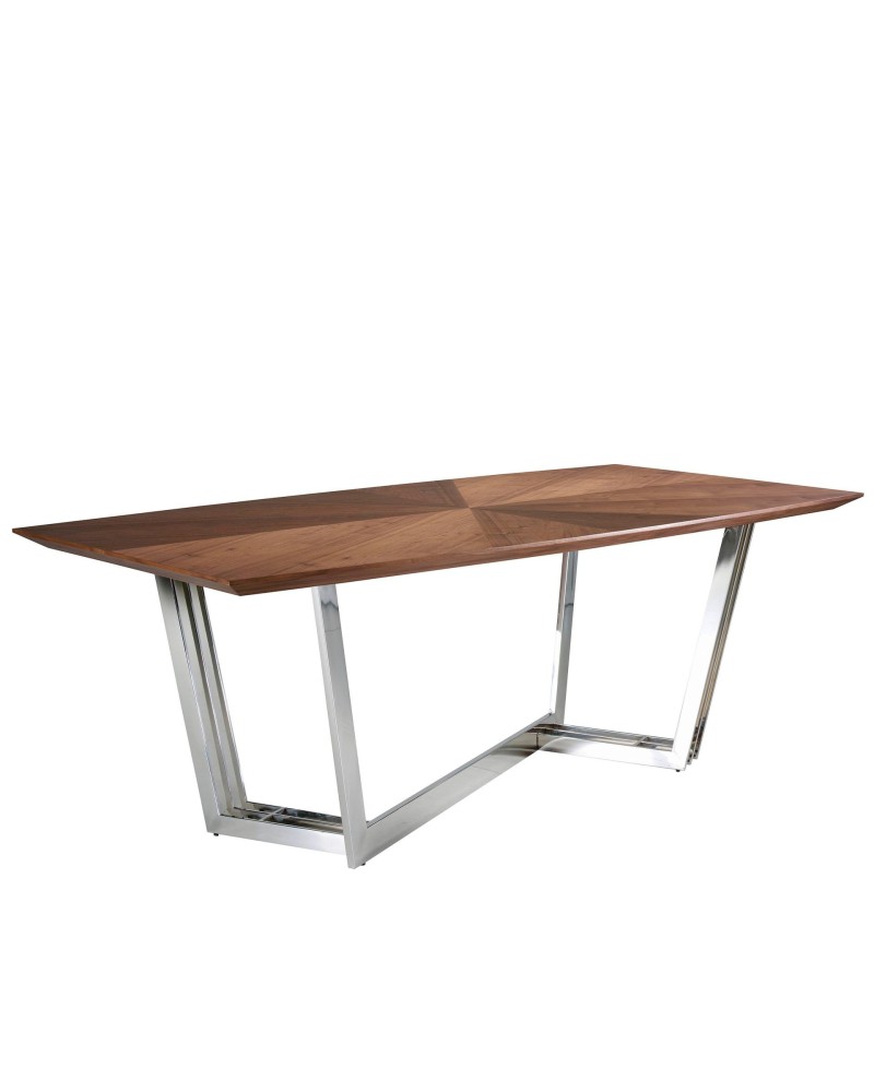 Mesa de comedor ovalada de nogal y acero cromado