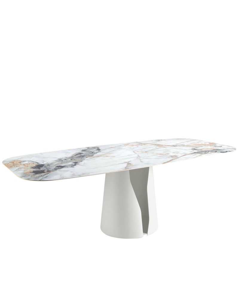 Mesa de comedor ovalada de porcelana mármol y acero blanco