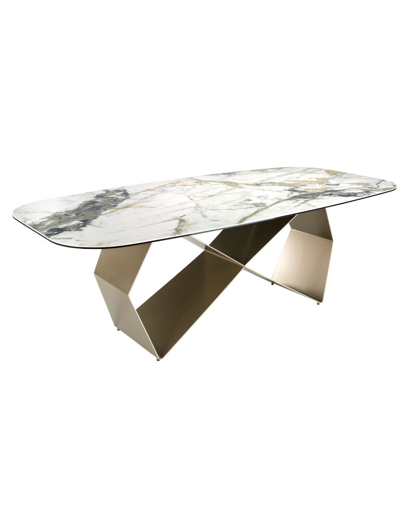 Mesa de comedor rectangular de porcelana mármol y acero color champán