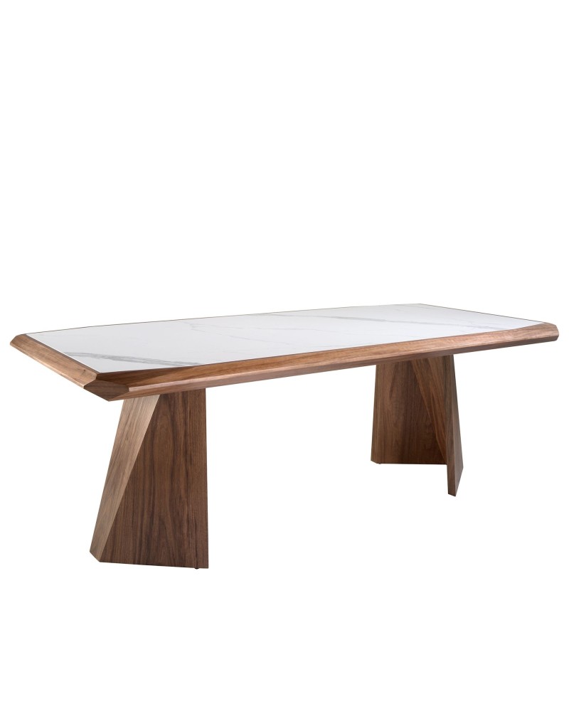 Mesa de comedor rectangular de porcelana mármol y nogal