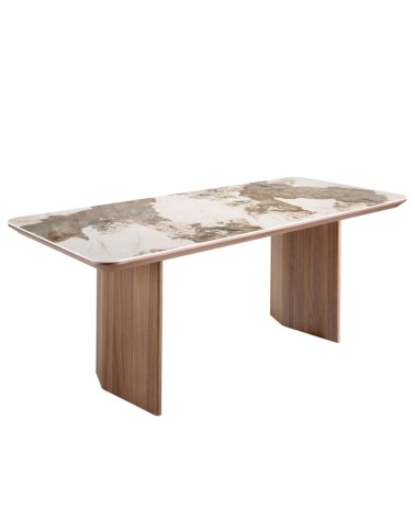 Mesa de comedor rectangular de porcelana mármol y nogal