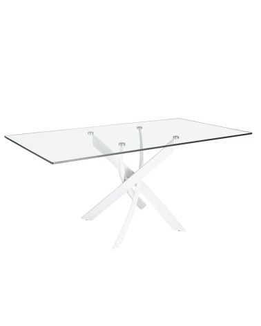 Mesa de comedor rectangular de vidrio templado y acero blanco