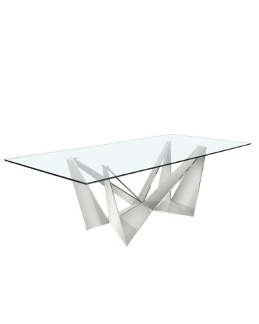 Mesa de comedor rectangular de vidrio templado y acero cromado