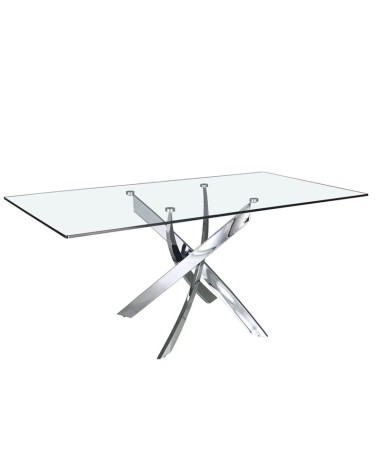 Mesa de comedor rectangular de vidrio templado y acero cromado