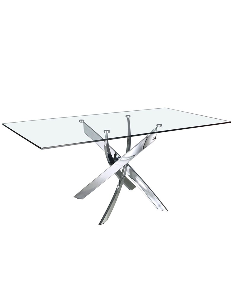 Mesa de comedor rectangular de vidrio templado y acero cromado
