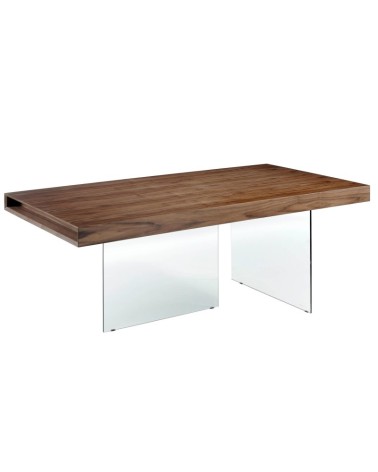 Mesa de comedor rectangular de vidrio templado y nogal