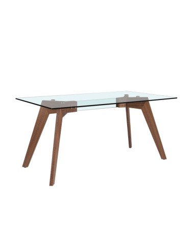 Mesa de comedor rectangular de vidrio templado y nogal